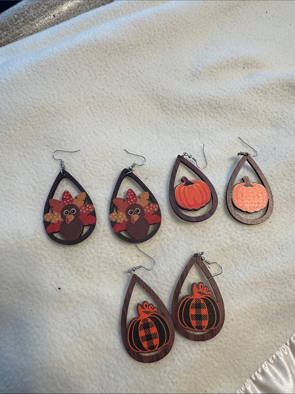 Autumn Pumpkin & Turkey Teardrop Dangle Earrings - Fall Wood Fashion